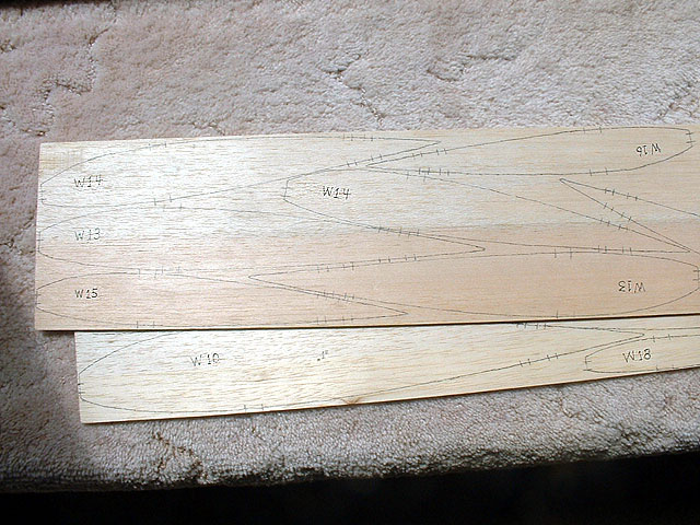 Balsa wing ribs transfered and ready to cut.